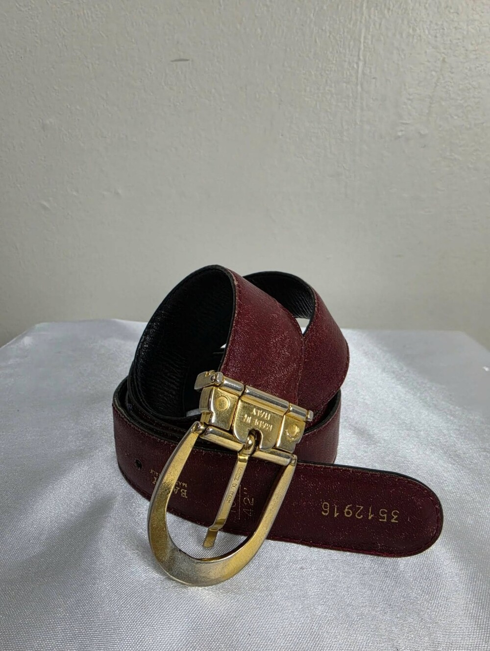 Bally Burgundy Leather Belt with Gold Buckle